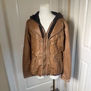 Montanaco Faux Leather Moto Jacket Knit Hood Brown Women’s L Boho